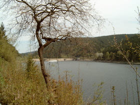 Okertalsperre: Stausee mit Staumauer und Fahrgastschiff