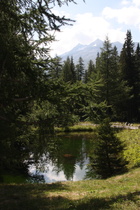 ein kleiner See an der gemeinsamen Südrampe von Grimselpass und Furkapass, im Hintergrund v. l. n. r. der Pizzo Gallina und das Mittaghorn