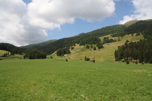 Reschenpass, Radweg neben der Passhöhe, Blick nach Westen über ausgedehnte Almen