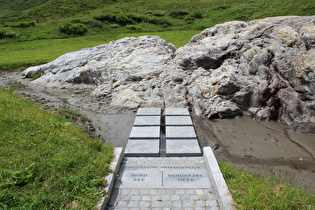 Europäische Hauptwasserscheide (hier: Rhein-Donau-Wasserscheide) auf dem Flexenpass