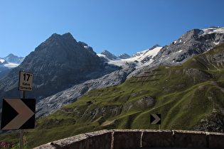 … Blick auf  v. l. n. r.  Thurwieserspitze, Vordere Madatschspitze, Mittlere Madatschspitze, Tuckettspitze, Payerspitze, darunter der Madatschferner, Geisterspitze und Monte Livrio …